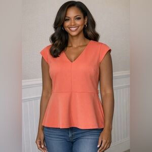 Worthington Blouse Women Size XL Coral Cap-Sleeve V-Neck top shirt career